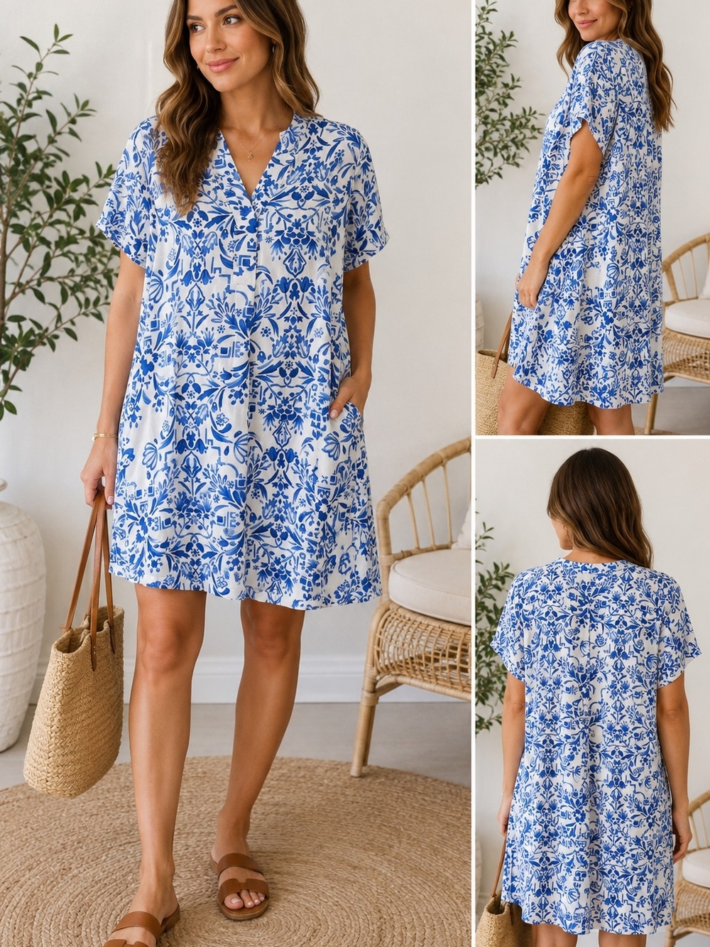 H&M Blue White Floral V-Neck Oversized Viscose Mini Dress/Tunic Size S